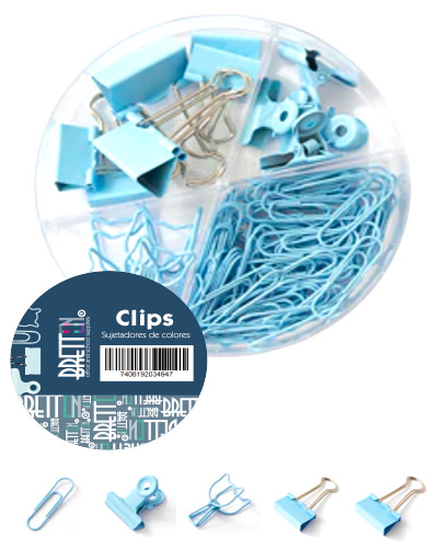 [20911015] SET 84 CLIP + 3 ESTILOS PRENSA PAPEL COLORES SURTIDOS (CELESTE) | BRETTON