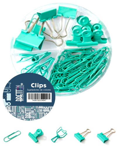 [20911018] SET 84 CLIP + 3 ESTILOS PRENSA PAPEL COLORES SURTIDOS (AQUA) | BRETTON